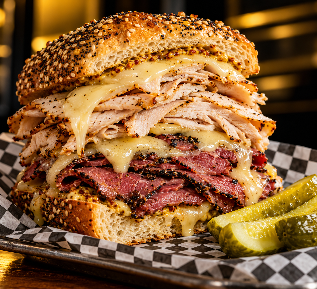 Stacked deli sandwich with turkey and pastrami on a seeded roll with pickles