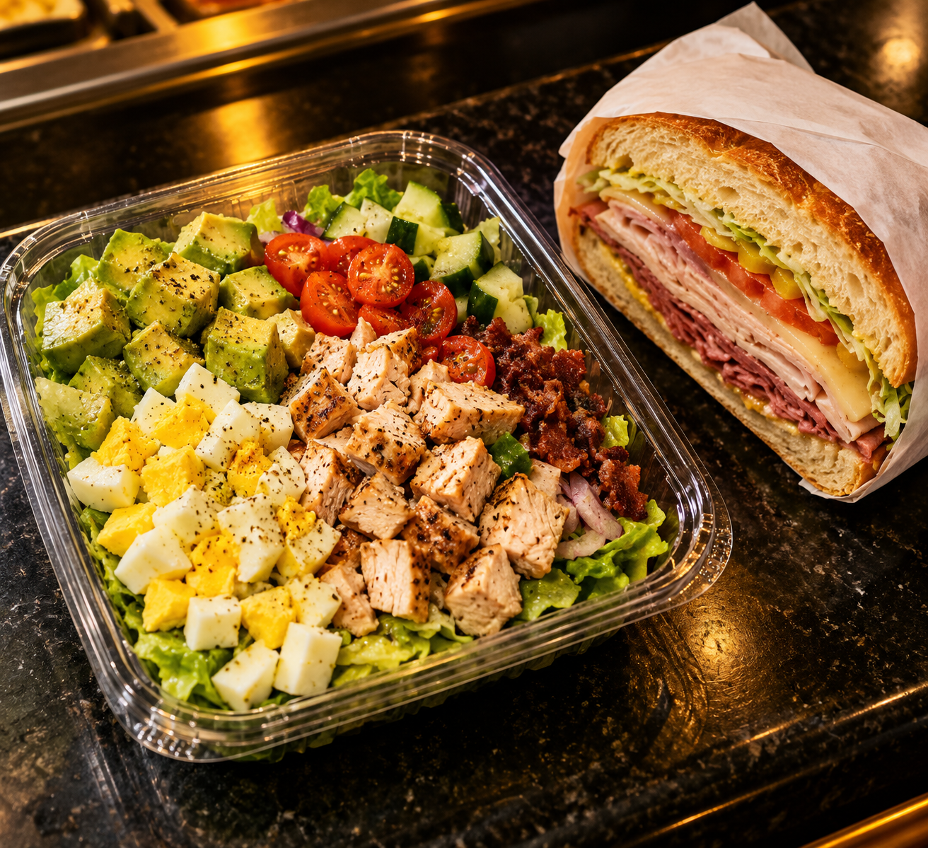 Chopped deli salad with avocado and egg beside a wrapped sandwich